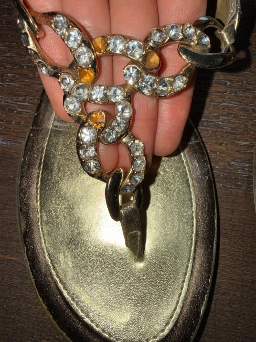 ALDO Gold Rhinestone Chain T-Strap Sandals Size 38